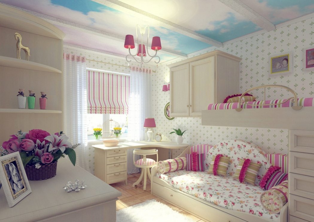 l-shaped-desk-design-plus-wonderful-girl-bedroom-decorating-idea-with-sky-ceiling-painting-and-contemporary-loft-sofa-bed +25 Marvelous Kids’ Rooms Ceiling Designs Ideas