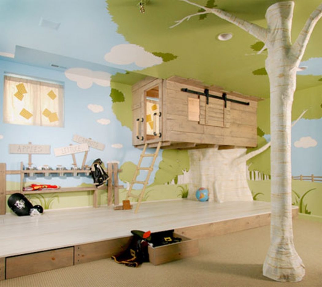 unusual-design-ideas-of-cool-kid-bedroom-with-tree-house-shape-bed-frames-and-natural-floral-pattern-wallpaper-with-kids-room-also-childrens-bedroom-ideas-for-boys