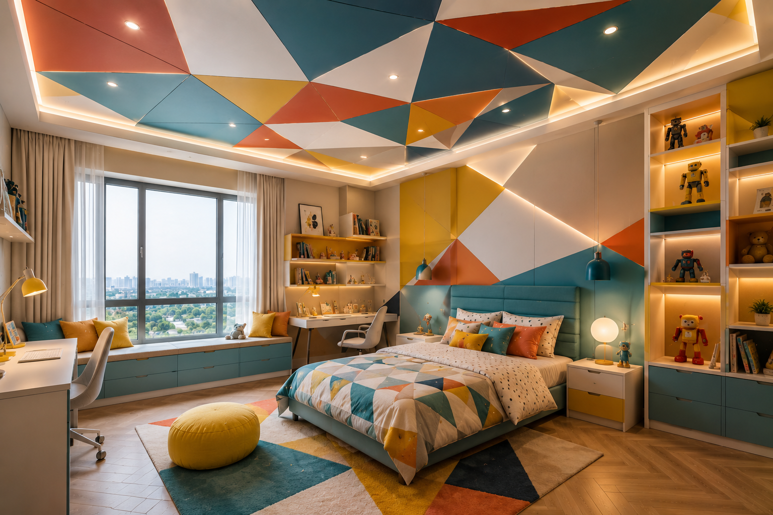 Top 16 Trendy Marvelous Kids’ Rooms Ceiling Designs Ideas 6 Colorful Geometric Ceiling Designs for Creative Modern kids Room Top 16 Trendy Marvelous Kids’ Rooms Ceiling Designs Ideas - 6