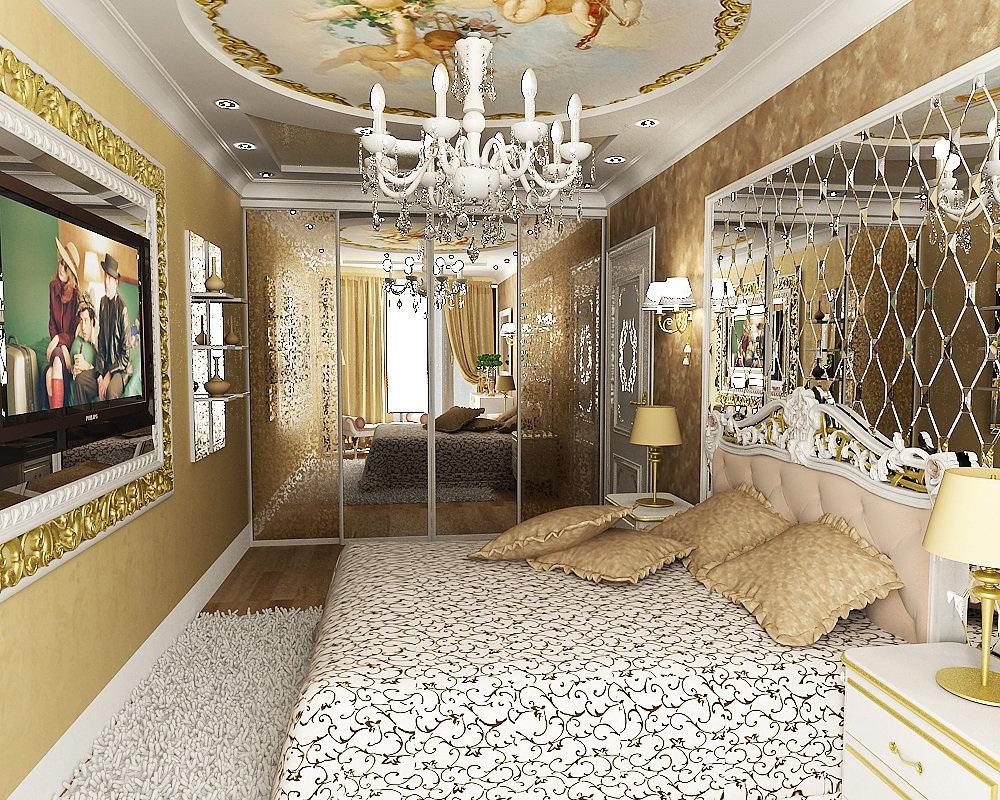 Glamour-classic-bedroom-design-in-white-and-gold-colors-with-wall-decorating-mirror-and-lovely-ceiling-decoration-with-chandelier 5 Main Bedroom Design Ideas For 2022