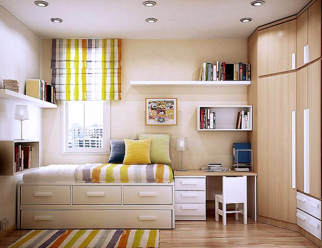 alluring-small-master-bedroom-design-with-white-wooden-storage-beds-fitted-sliding-drawer-under-the-beds-and-white-wooden-floating-bookshelf-attached-to-the-wall-also-bright-brown-wooden-cupboard-moun