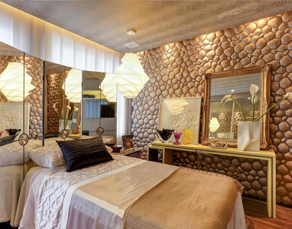 artistic-bright-small-bedroom-design-with-stone-wall-decor-and-mirror-frame-on-vanity-table-along-with-atrractive-pendant-lamp-inceiling-also-mirror-decoration-wall-beside-headboard