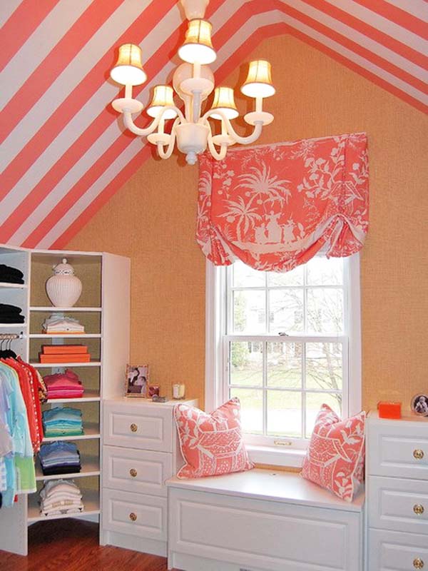 sloping-ceiling-kids-room-design-pink-white-ceiling-stripes +25 Marvelous Kids’ Rooms Ceiling Designs Ideas