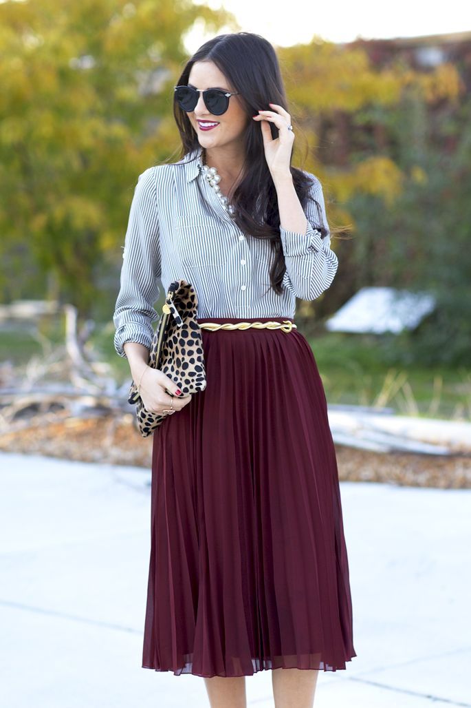 25+ Women Engagement Outfit Ideas Coming 41 gold-belt-maroon-pleated-midi-skirt