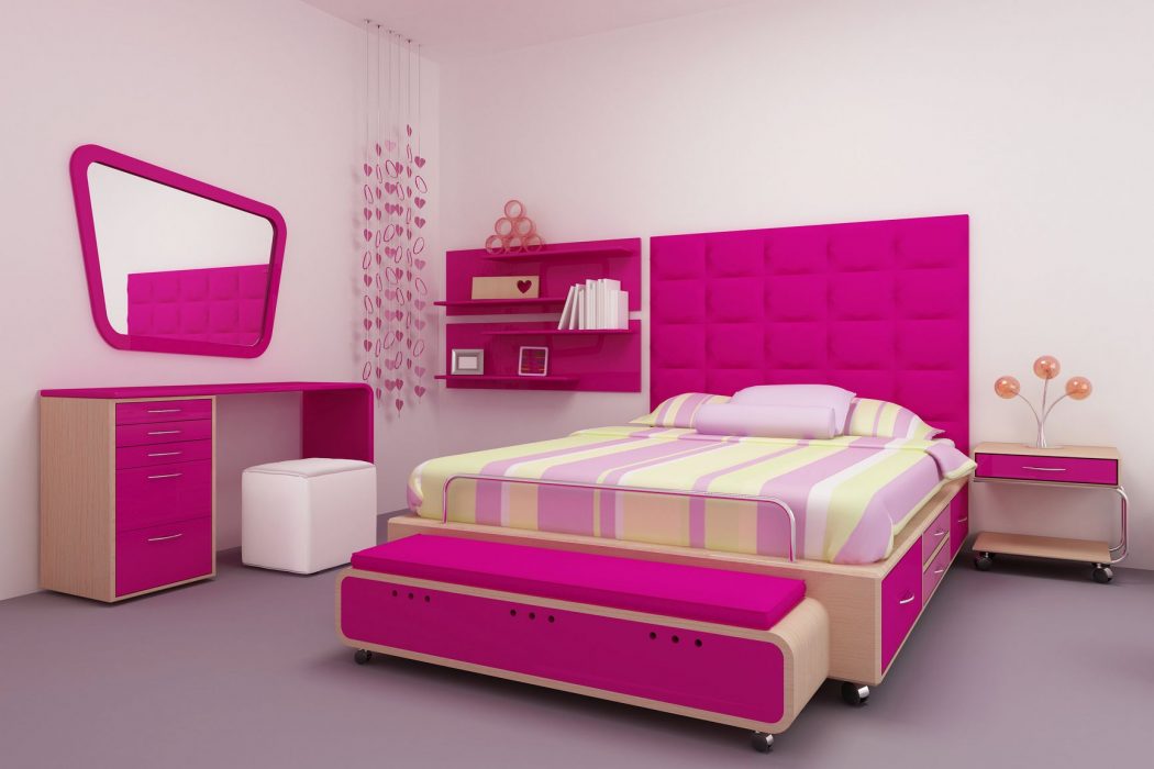 graceful teenage girls bedroom decorating ideas with movable wooden platform beds be equipped storage drawers on the right side and pink upholstered fabric king headboard shapes next to floating books 5 Main Bedroom Design Ideas - 5