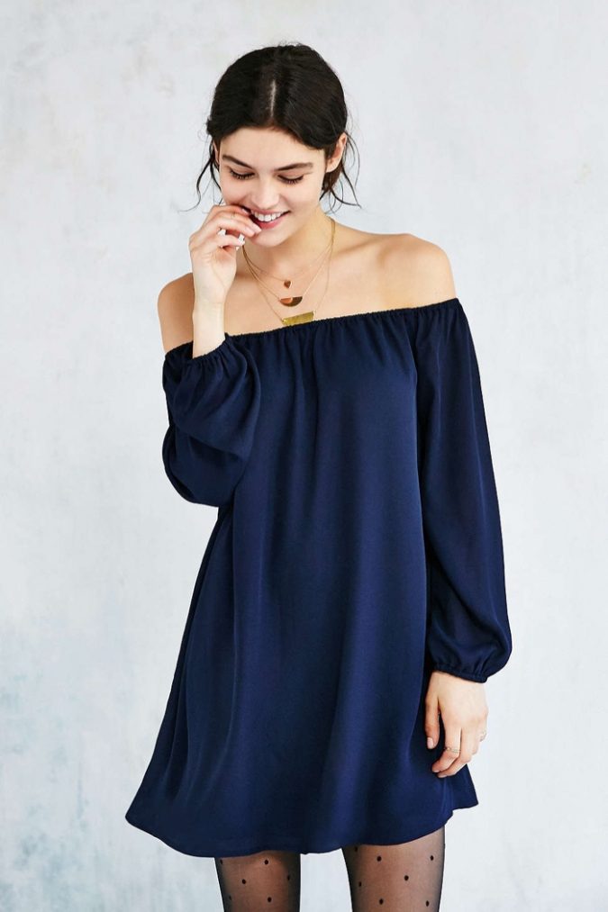 Ecote-Navy-Blue-Off-Shoulder-Swing-Dress-675x1013 +40 Elegant Teenage Girls Summer Outfits Ideas in 2022