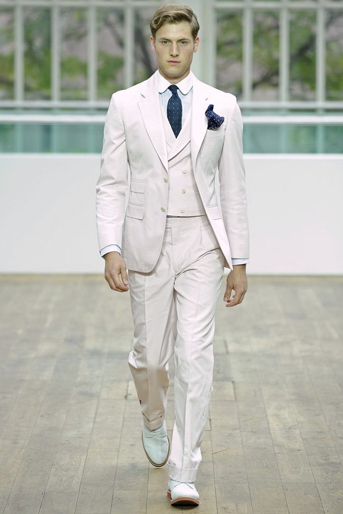 14 Splendid Wedding Outfits for Guys 17 Hackett Three Piece Suit with Double Breasted Waistcoat in White with Stripes 14 Splendid Wedding Outfits for Guys - 17