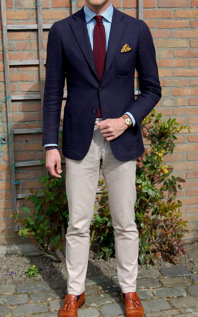 navy blazer with striped shirt 14 Splendid Wedding Outfits for Guys - 42