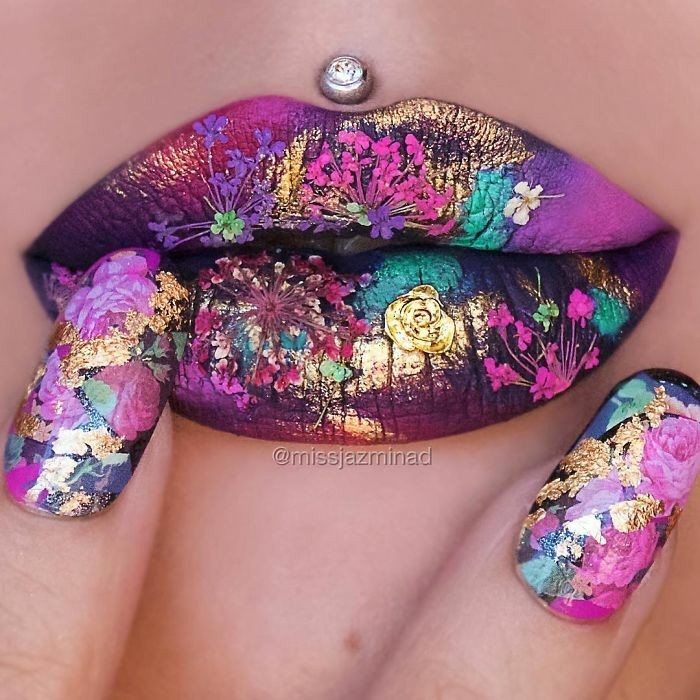 lips make up nageldesign nail art floral design make up 15 Creative Lip Makeup Art Trends - 22