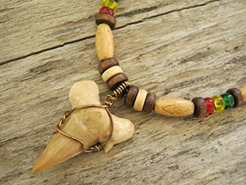 rasta shark tooth necklace fossilized shark tooth pendant eco friendly adjustable womens mens necklace tribal surfer ready to ship Top 10 Unusual Necklace Jewelry Trends - 13