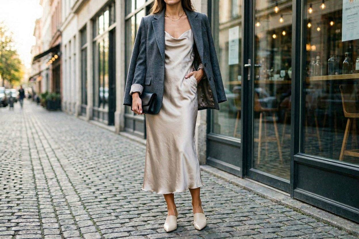 Top 17 Fresh Ways to Learn How to Wear a Blazer 16 Layer a Blazer over a Satin Slip Dress Top 17 Fresh Ways to Learn How to Wear a Blazer - 16