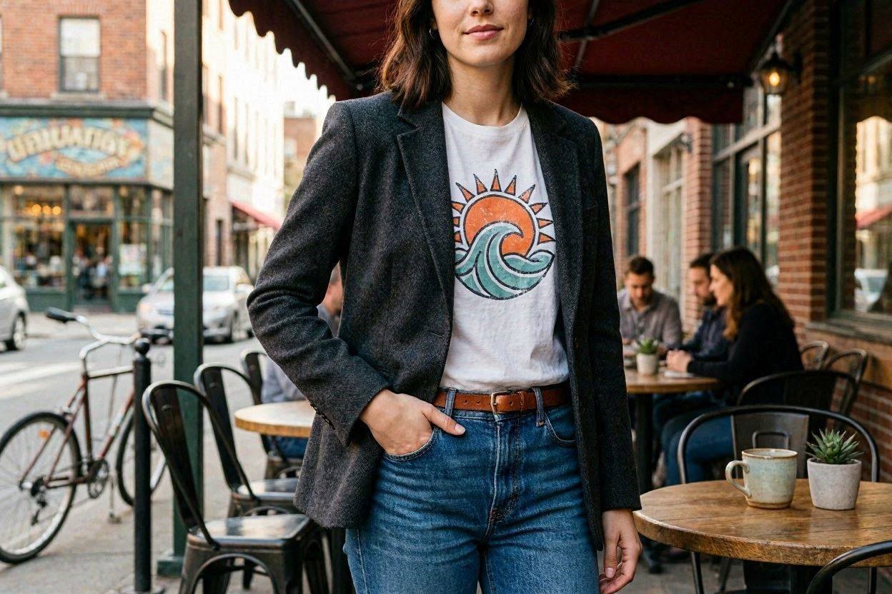 Top 17 Fresh Ways to Learn How to Wear a Blazer 11 Wear a Blazer with a Graphic T Shirt for women Top 17 Fresh Ways to Learn How to Wear a Blazer - 11