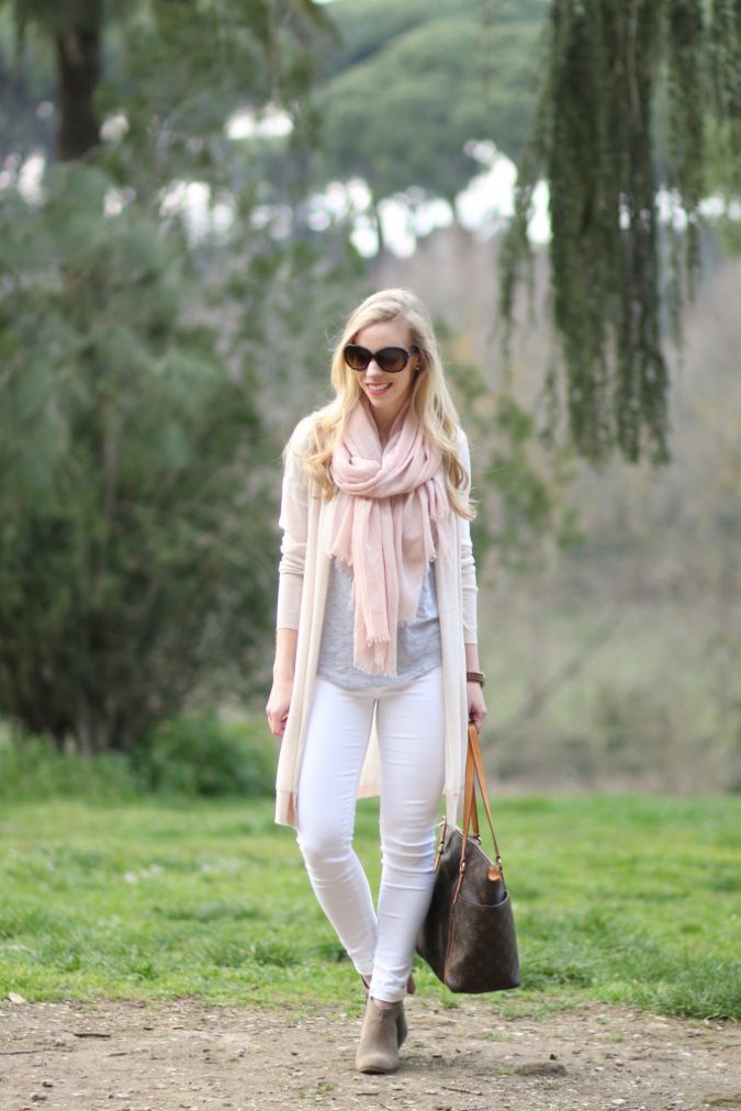 neutral-layers-for-spring-neutral-color-outfit-light-pink-scarf-gray-tee-with-long-cardigan-maxi-cardigan-outfit-Adriano-Goldschmied-white-ankle-jeans-suede-ankle-boots-light-pink-and-gray-Italian--675x1012 15+ Elegant Working Ladies Spring Outfit Ideas in 2022