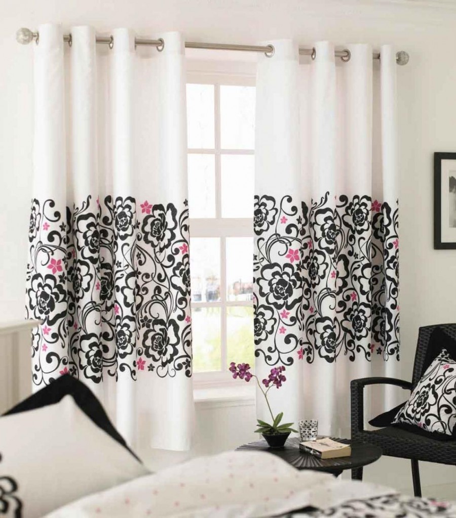 black and pink floral pattern white sliding valance stainless steel holder clear glass plaid window cushions quilts black wicker chair round black wooden table 20+ Hottest Curtain Design Ideas - 31