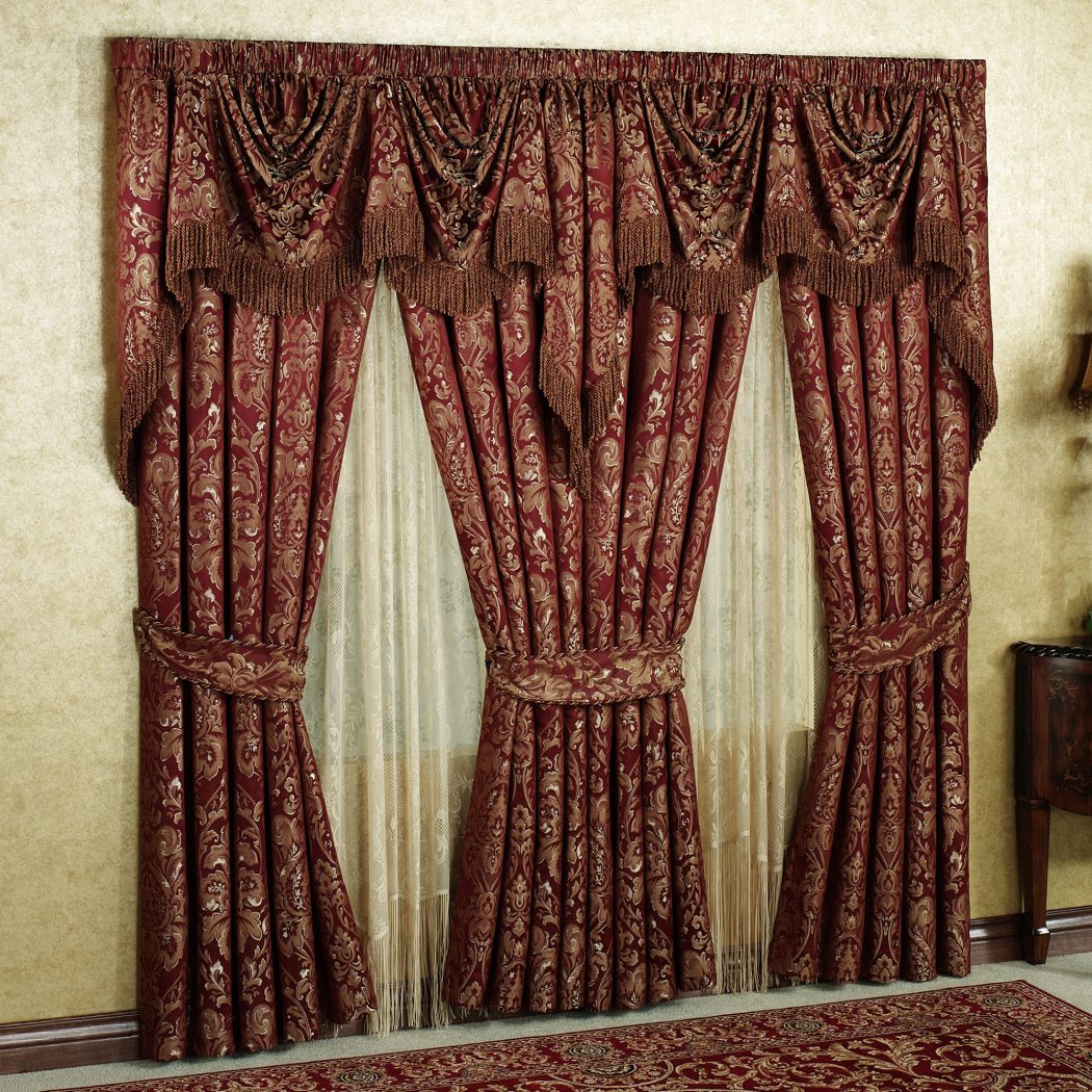 elegance living room curtain designs 2015 red damask pattern vertical curtan red damask fabric windows valance red fabric curtain tie back red floral pattern area rug 20+ Hottest Curtain Design Ideas - 108