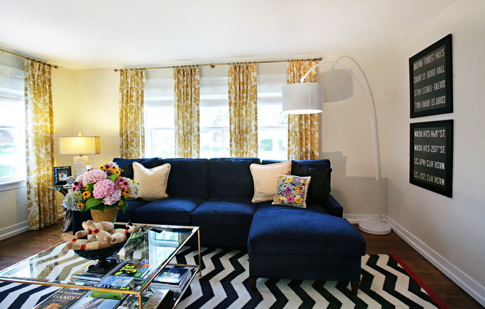 navy blue curtains home in Living Room Eclectic with chevron arc lamp 4 20+ Hottest Curtain Design Ideas - 6