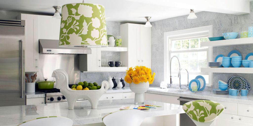 6 Affordable Organizing and Decoration Ideas for your Kitchen 35 Green Floral Printed Pendant Lamp with White Kitchen Cabinet for Elegant Kitchen Ideas 6 Affordable Organizing and Decoration Ideas for your Kitchen - 35