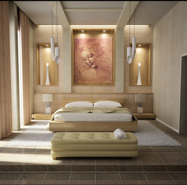10 Ways to Add Glam to Your Hollywood Home 23 artsitic brown girl painting in bedroom art decoration combined with white bed design with cream bed runner on white fur rug 10 Ways to Add Glam to Your Hollywood Home - 23
