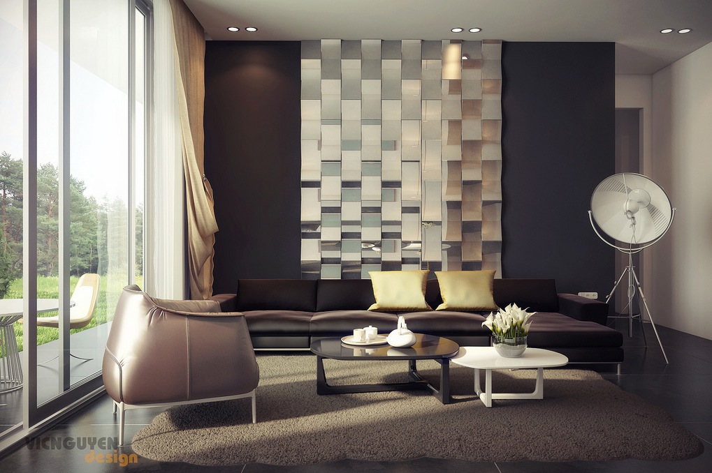 10 Ways to Add Glam to Your Hollywood Home 14 rich palette living with mirrored feature wall 10 Ways to Add Glam to Your Hollywood Home - 14