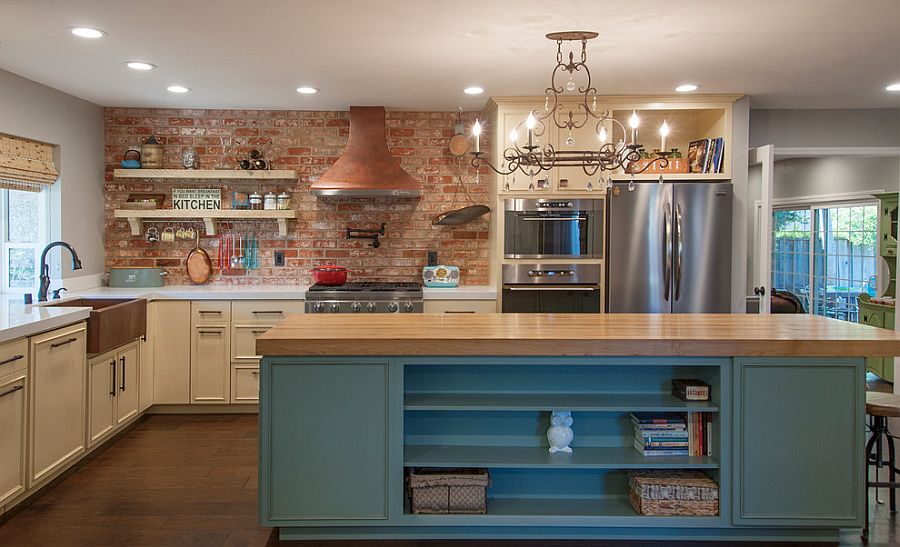 13 Modern Ways to Decorate Your Kitchen! 4 Brick wall adds character and texture to the spacious kitchen with smart island 13 Modern Ways to Decorate Your Kitchen! - 4