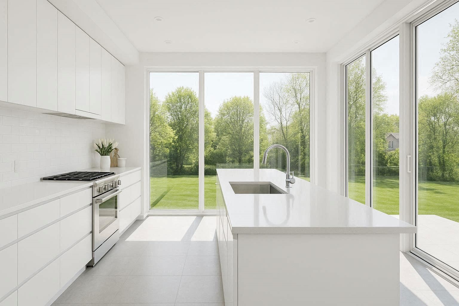 Floor to Ceiling Windows for Maximum Natural Light Top 10 Best White Bright Kitchen Design Ideas - 4