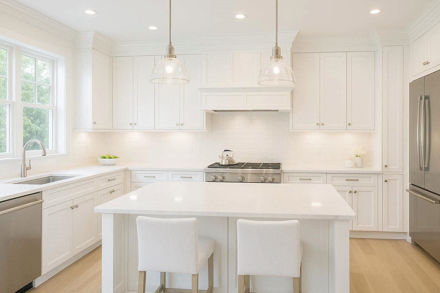 Layered Lighting to Enhance Brightness Day and Night Top 10 Best White Bright Kitchen Design Ideas - 7