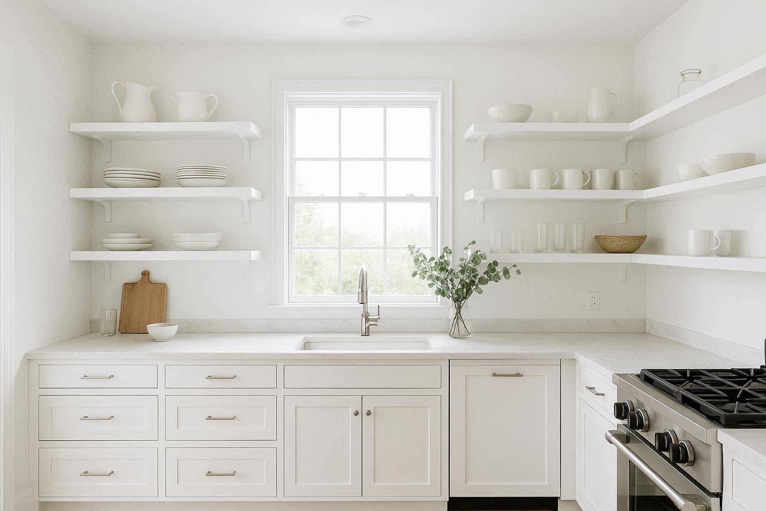 Open Shelving for an Airy and Organized Feel Top 10 Best White Bright Kitchen Design Ideas - 10