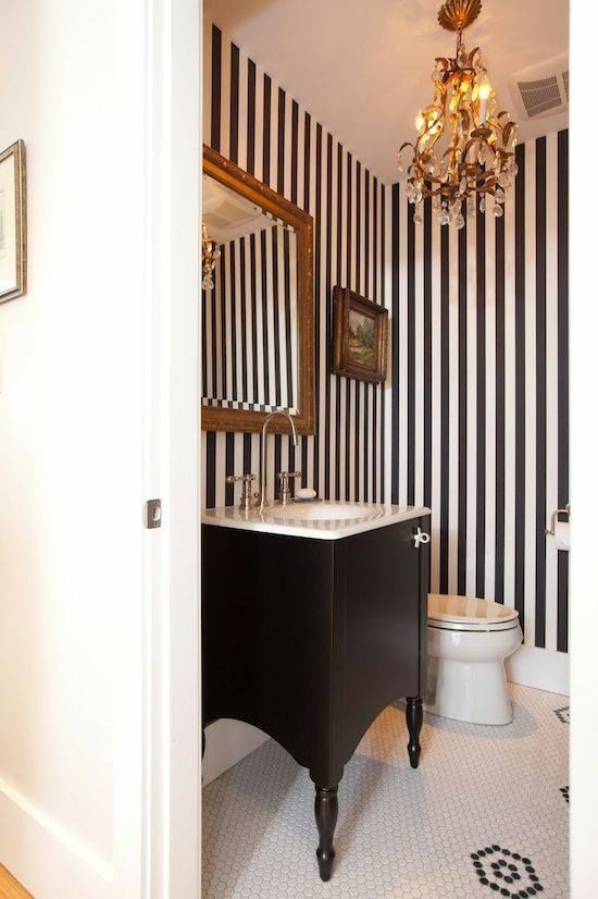 powder room design striped wall black and white Top 10 Stunning Powder Room Decorating Ideas - 1