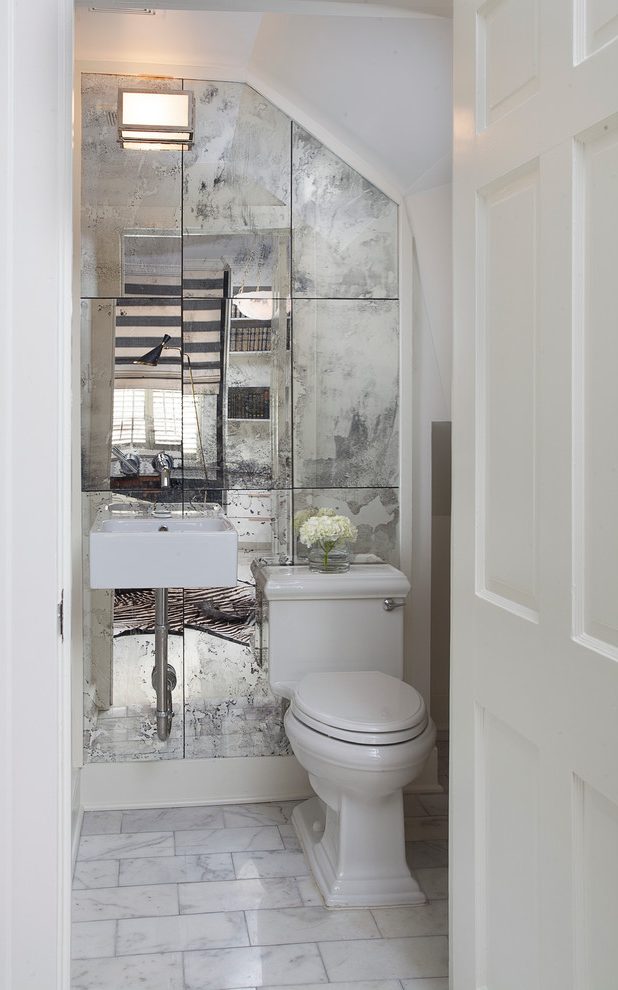 powder room half bathroom mirror tiled wall 2 Top 10 Stunning Powder Room Decorating Ideas - 16