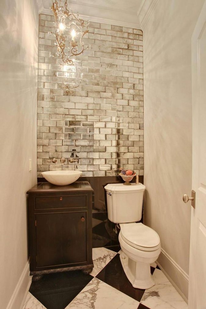 powder room half bathroom mirror tiled wall Top 10 Stunning Powder Room Decorating Ideas - 15