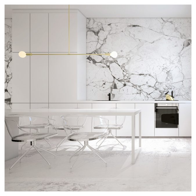 white kitchen with marbel walls Top 10 Best White Bright Kitchen Design Ideas - 5