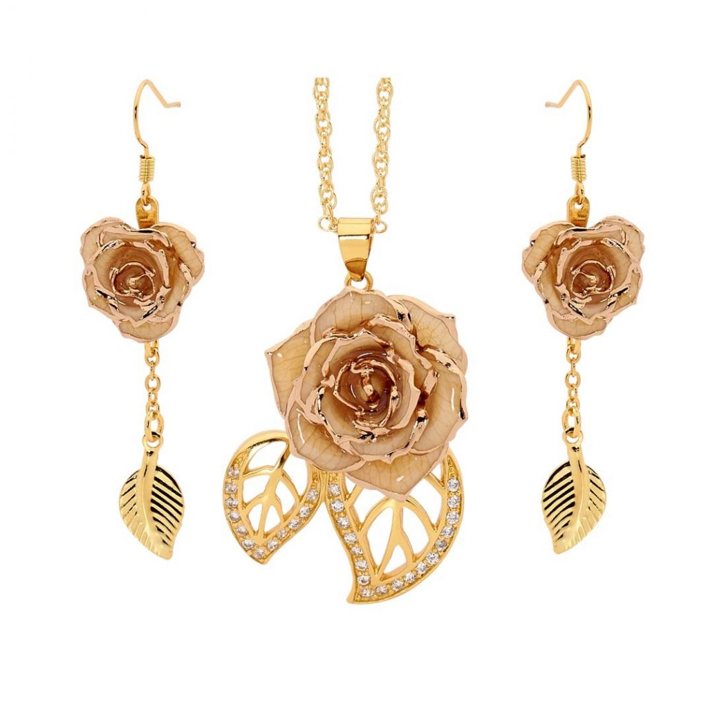 Eternity Rose As a Perfect Romantic Gift to Express Your True Love 4 white glazed rose jewelry set in leaf theme Eternity Rose As a Perfect Romantic Gift to Express Your True Love - 4