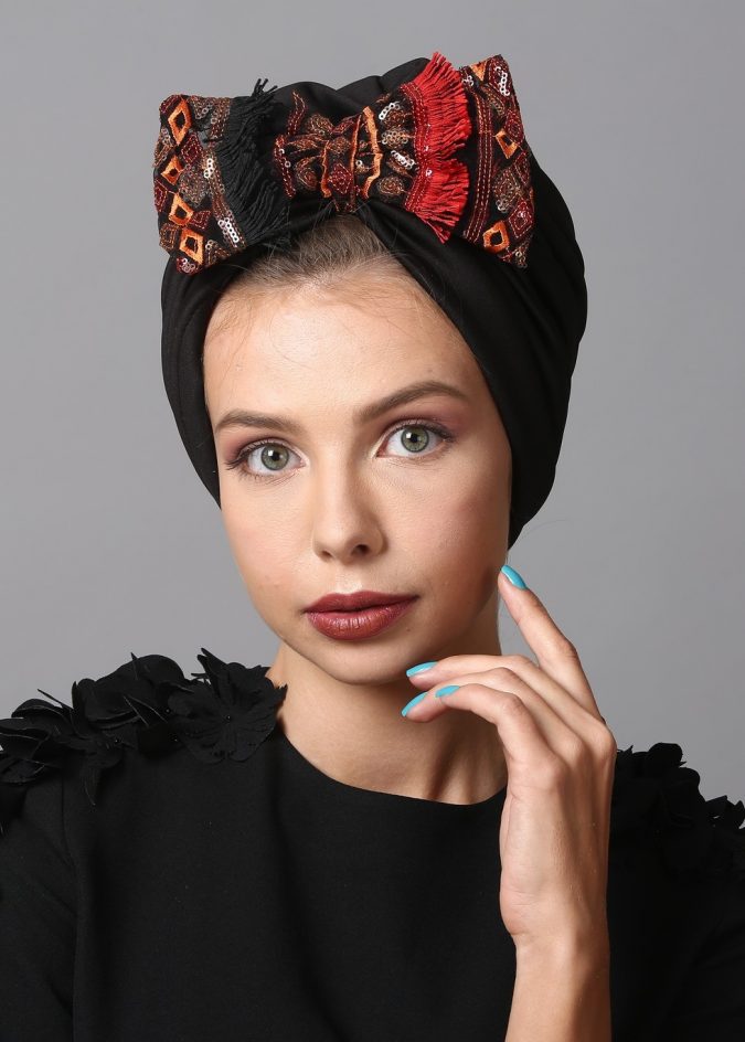 ethnic bow turban in black burgundy x 7 Trendy Ways To Wear Headscarves That are Creative - 10
