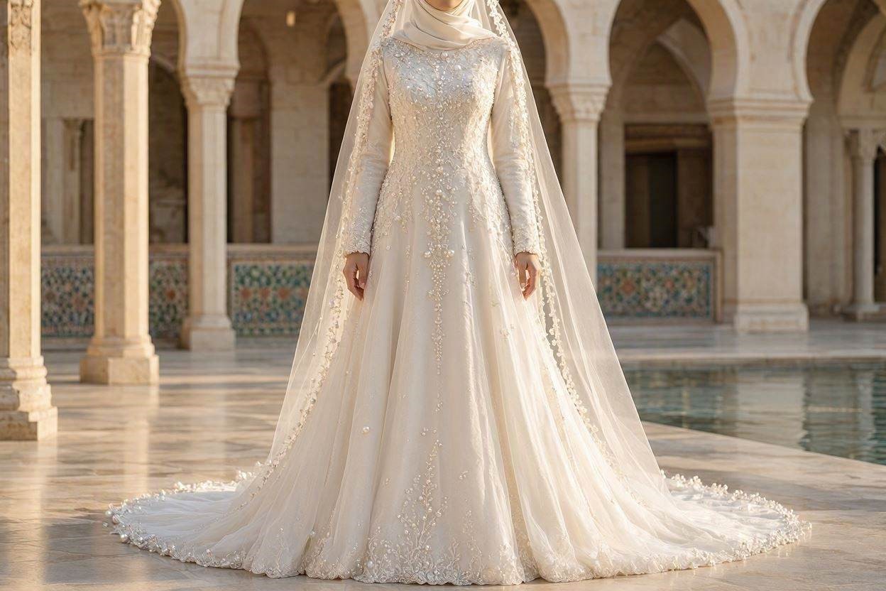 15 Fabulous Wedding Dresses for Muslim Brides 13 Pearl Embellished Bridal Gown 15 Fabulous Wedding Dresses for Muslim Brides - 13