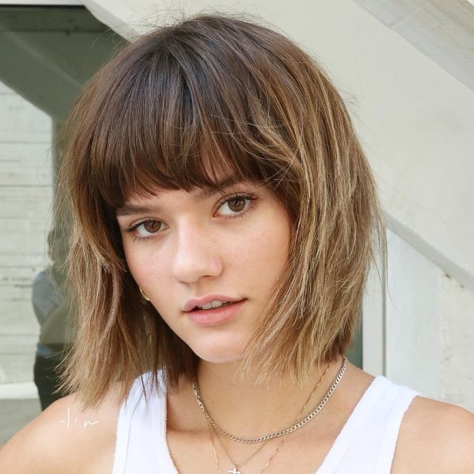 Brown-Bob-with-Ash-Blonde-Highlights-and-Heavy-Bangs-675x675 Best 10 Trendy Short Hairstyles With Bangs