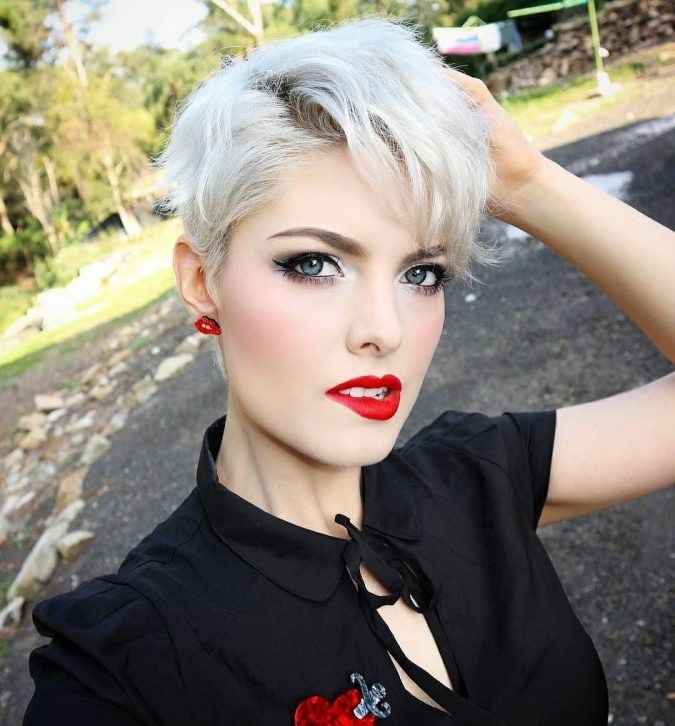 Platinum Blonde hairstyle Pixie with Long Side Fringe Best 10 Trendy Short Hairstyles With Bangs - 2