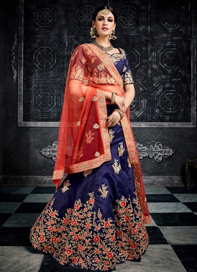 blue lehenga red choli Shop Perfect Lehenga Online [Top Lehenga Saree Designs] - 14