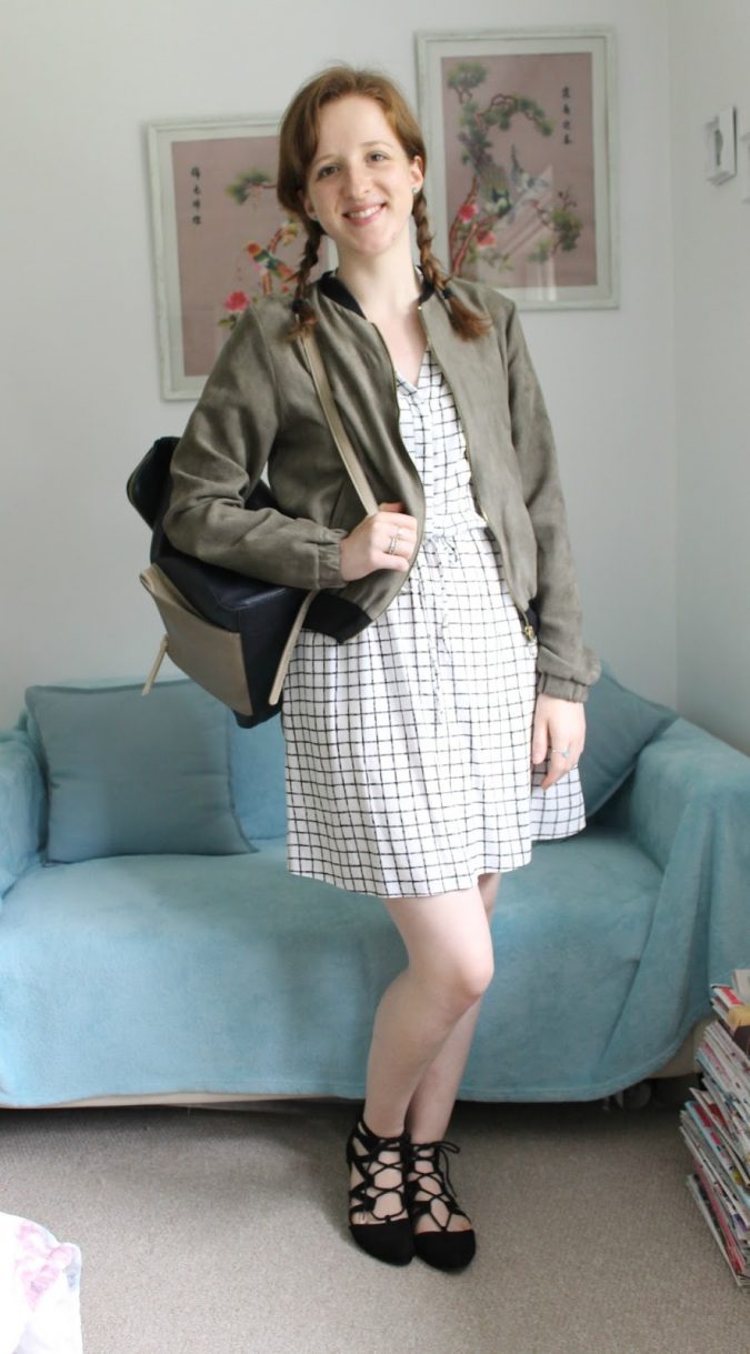 school-outfits-Bomber-Jacket-OOTD-Checked-Dress-and-Lace-Up-Shoes-3-675x1219 Top 12 Trending Back-to-School Outfits 2020