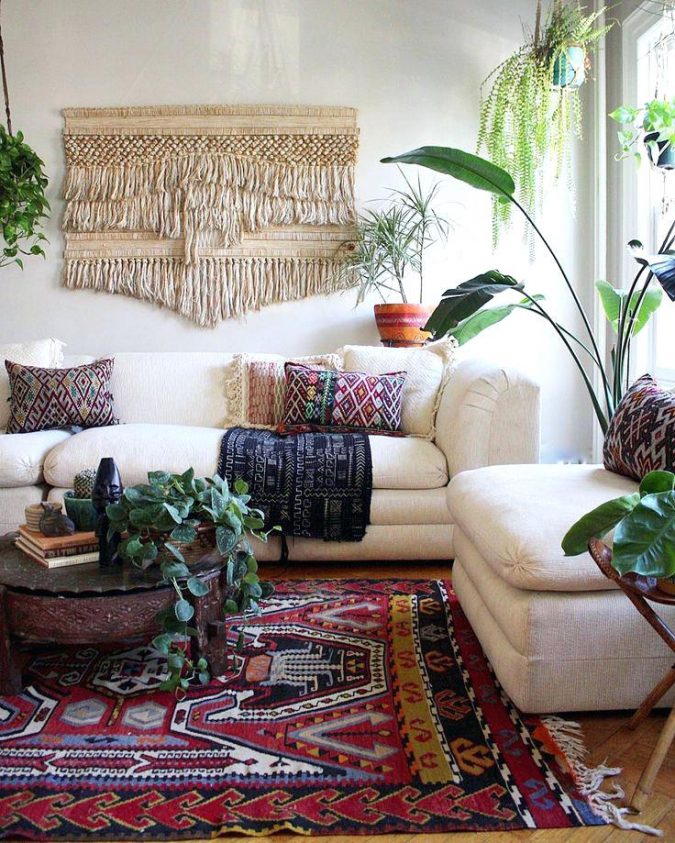 boho decor living room persian rug +45 Stellar Boho Interior Designs & Trends - 15