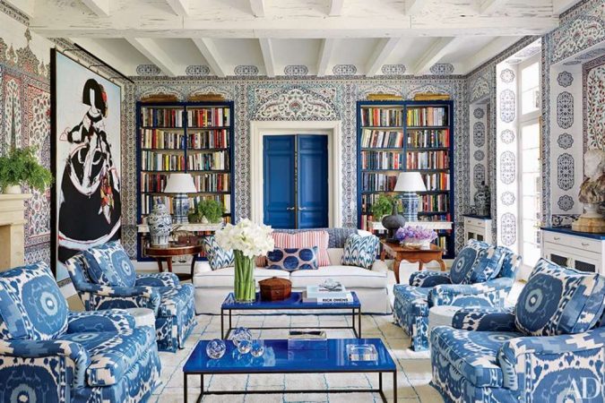 boho-home-decor-big-library-Ikat-prints-living-room-675x450 +45 Stellar Boho Interior Designs & Trends for 2020