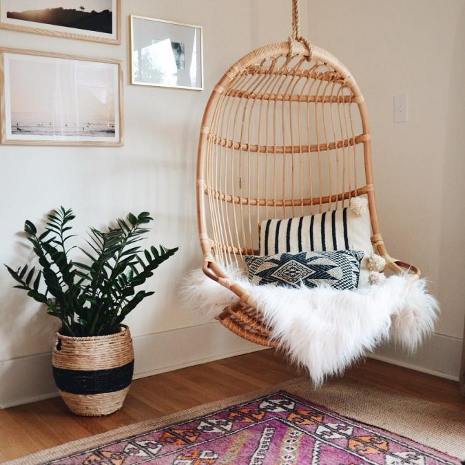 boho-home-decor-hanging-chair-corner-675x675 +45 Stellar Boho Interior Designs & Trends for 2020