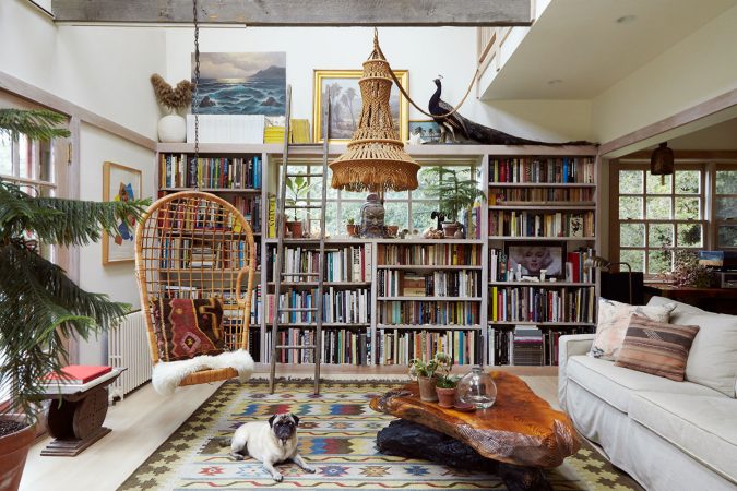 boho-home-decor-library-hanging-chair-Shireen-Dhaliwal-675x450 +45 Stellar Boho Interior Designs & Trends for 2020