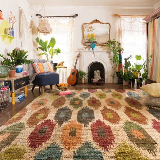 boho home decor living room Ikart rug +45 Stellar Boho Interior Designs & Trends - 22