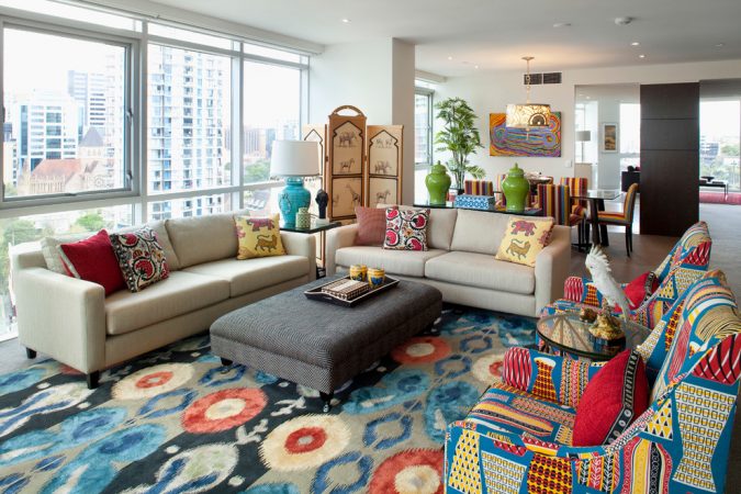 boho-home-decor-living-room-Ikat-prints-675x450 +45 Stellar Boho Interior Designs & Trends for 2020