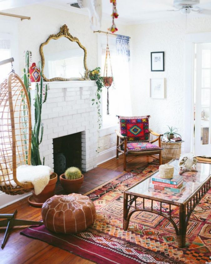 boho-home-decor-living-room-hanging-chair-675x843 +45 Stellar Boho Interior Designs & Trends for 2020