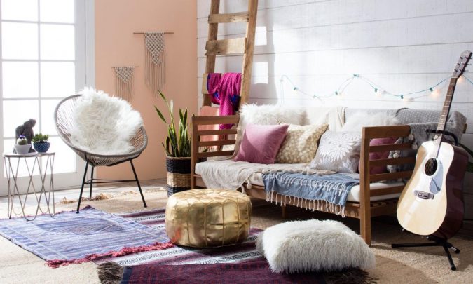 boho-home-decor-living-room-ladder-2-675x405 +45 Stellar Boho Interior Designs & Trends for 2020
