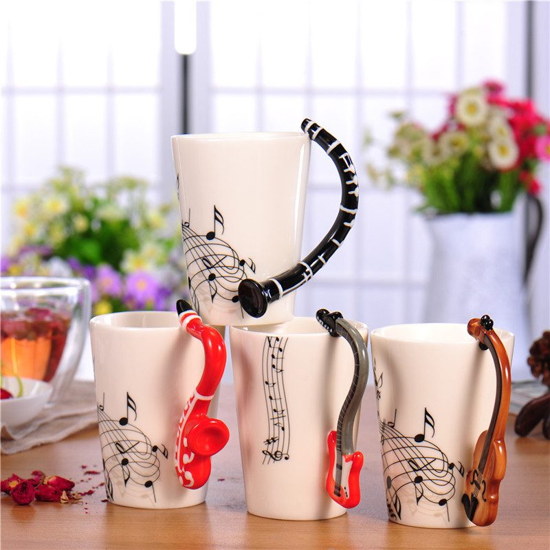 Home Office Music Pattern Guitar Handle Coffee Mug Porcelain Ceramic Tea Cup 