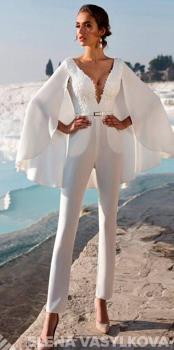 classic deep v neckline lace wedding jumpsuit ideas elena vasylkova official 1 150+ Best Bridal Fashion Trends and Ideas for Fall/winter - 157