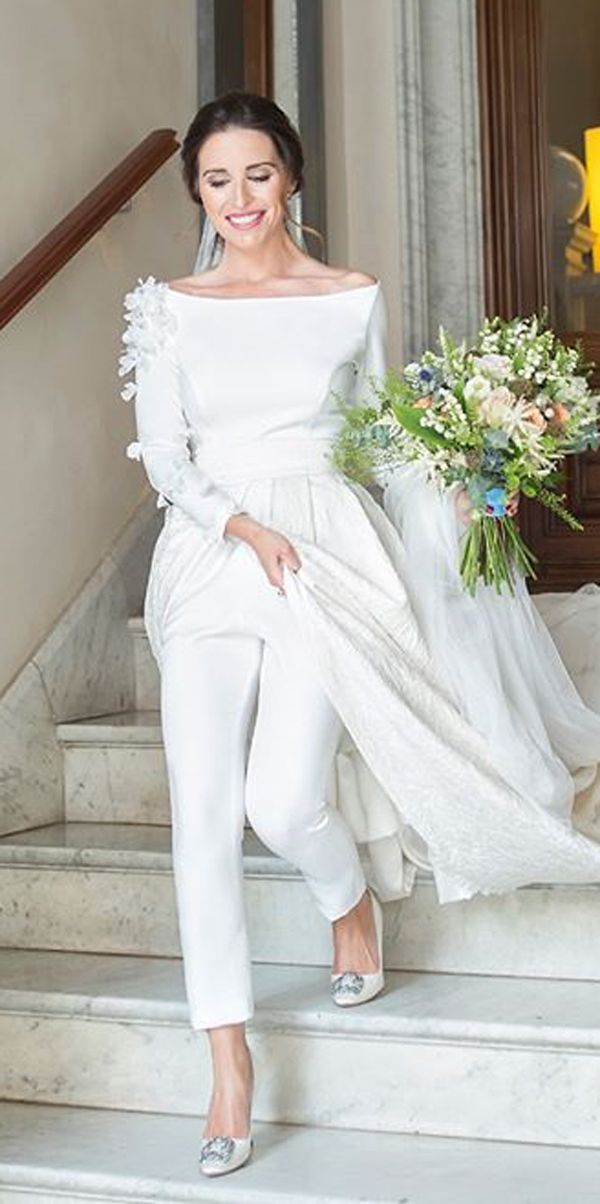 simple open shoulders bateau neck long sleeve with train wedding pantsuit jumpsuit ideas danaetobajas couture 2 150+ Best Bridal Fashion Trends and Ideas for Fall/winter - 132