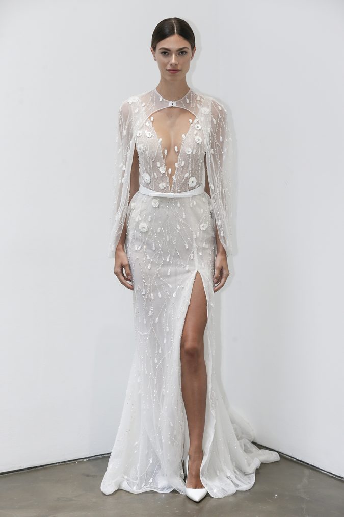 wedding-dresses-fall-2019-sheath-plunging-neckline-with-cape-lee-petra-1-675x1013 150+ Bridal Fashion Trends and Ideas for Fall/winter 2020
